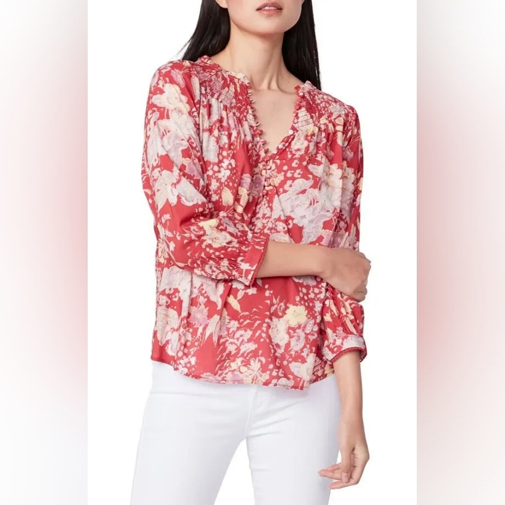 Paige Jaylee Smocked Floral Print Blouse - Red Sz S MSRP $179